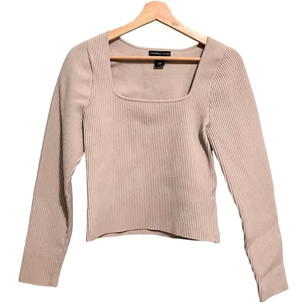 Sincerely Jules Grey Ribbed Long Sleeve Square Neck Crop Top in Size Large
